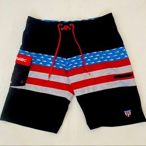 Pelagic Ridgemont Americamo Boardshorts Red White Blue USA Fish 32